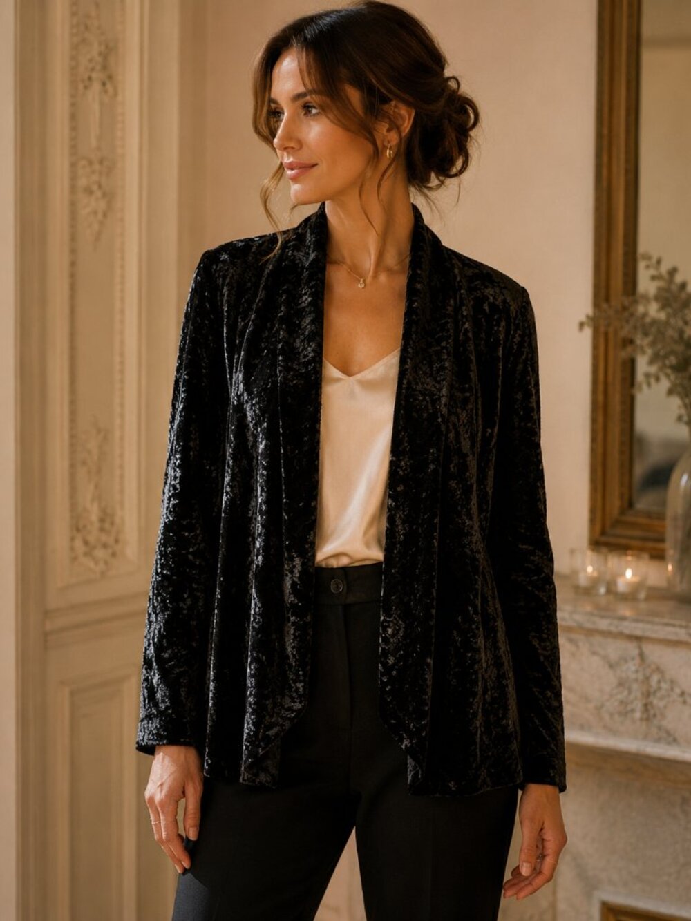 Connected Velvet Jacket Womens L Black Crushed Open Front Evening Vintage